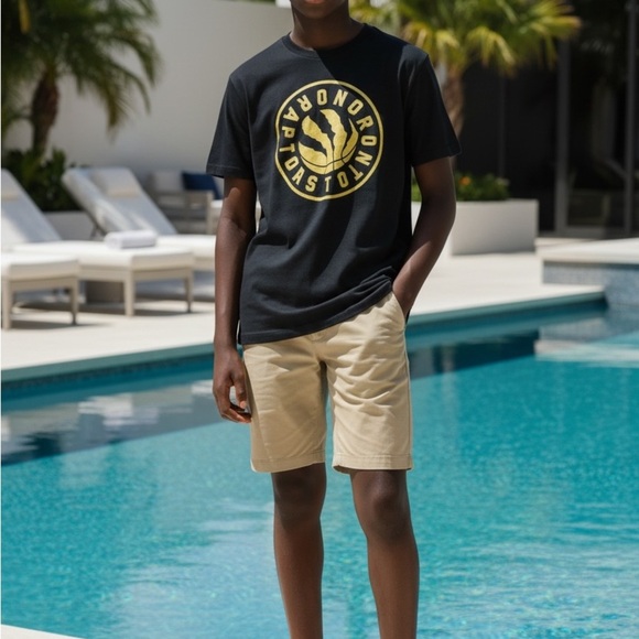 None Other - Black Graphic T-Shirt with Gold Logo